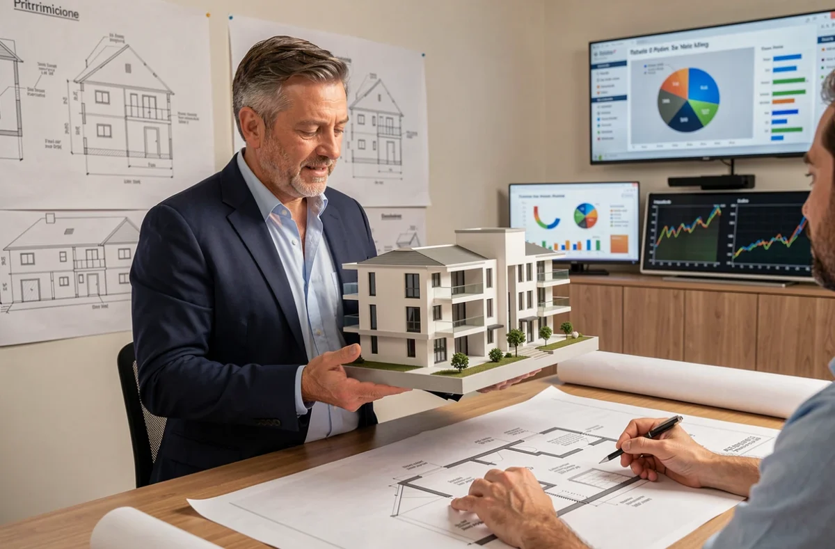 Conseiller d'Inovea Immobilier Pôle Patrimonial présentant un investissement immobilier à travers une maquette et des plans dans un bureau spécialisé