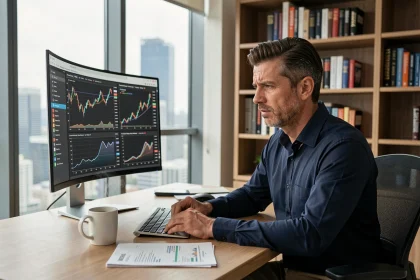 Investisseur analysant les graphiques boursiers d'Orange sur un écran d'ordinateur dans un bureau moderne en 2026