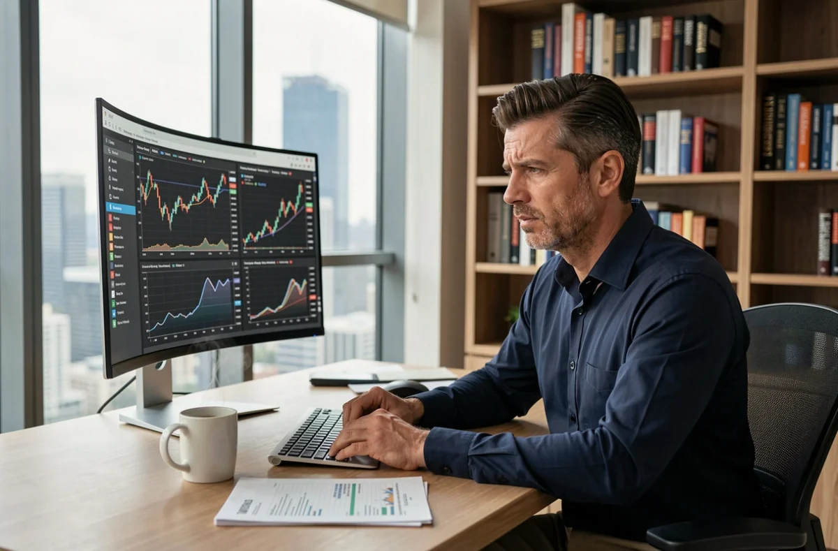 Investisseur analysant les graphiques boursiers d'Orange sur un écran d'ordinateur dans un bureau moderne en 2026