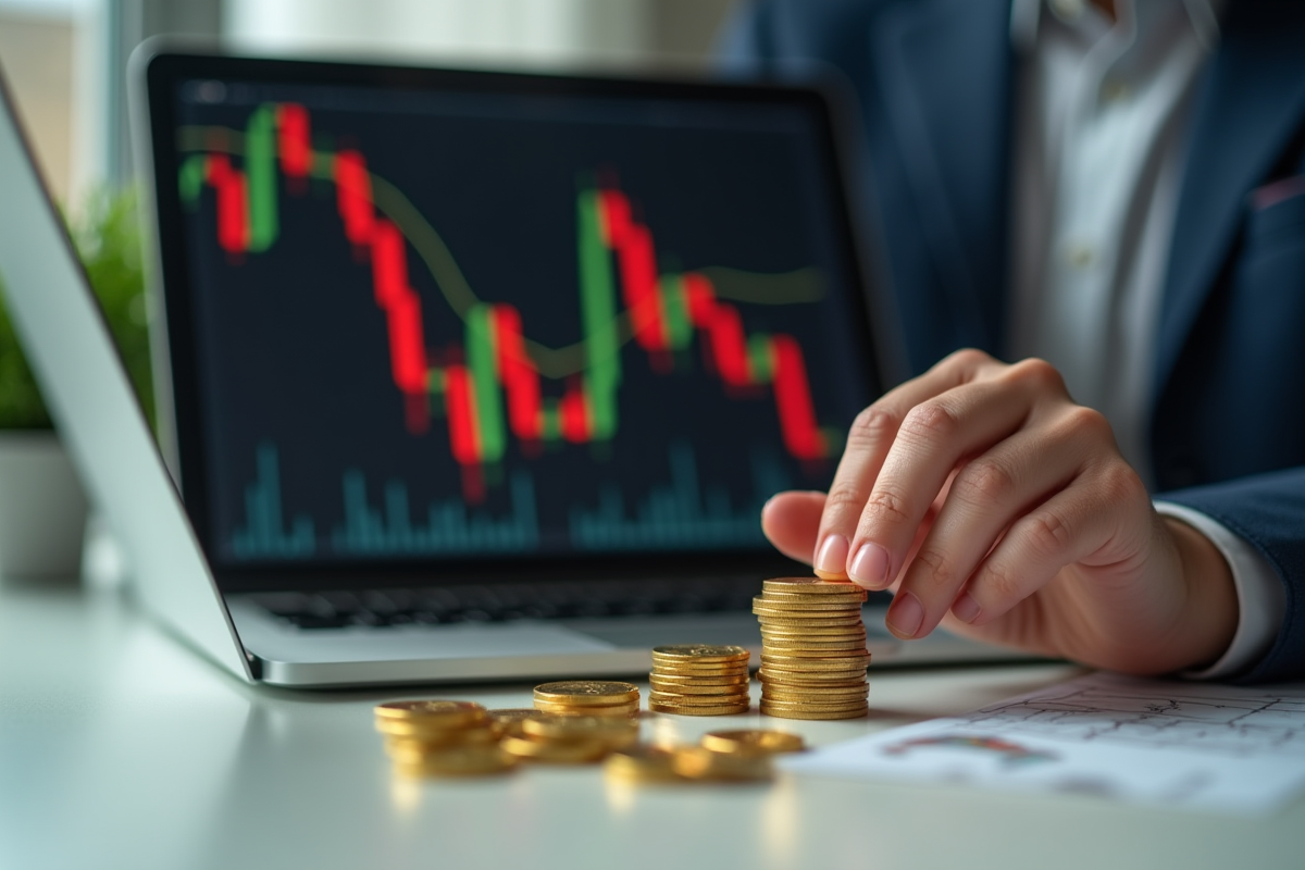 Investisseur inquiet examinant des pièces d or sur un bureau lumineux