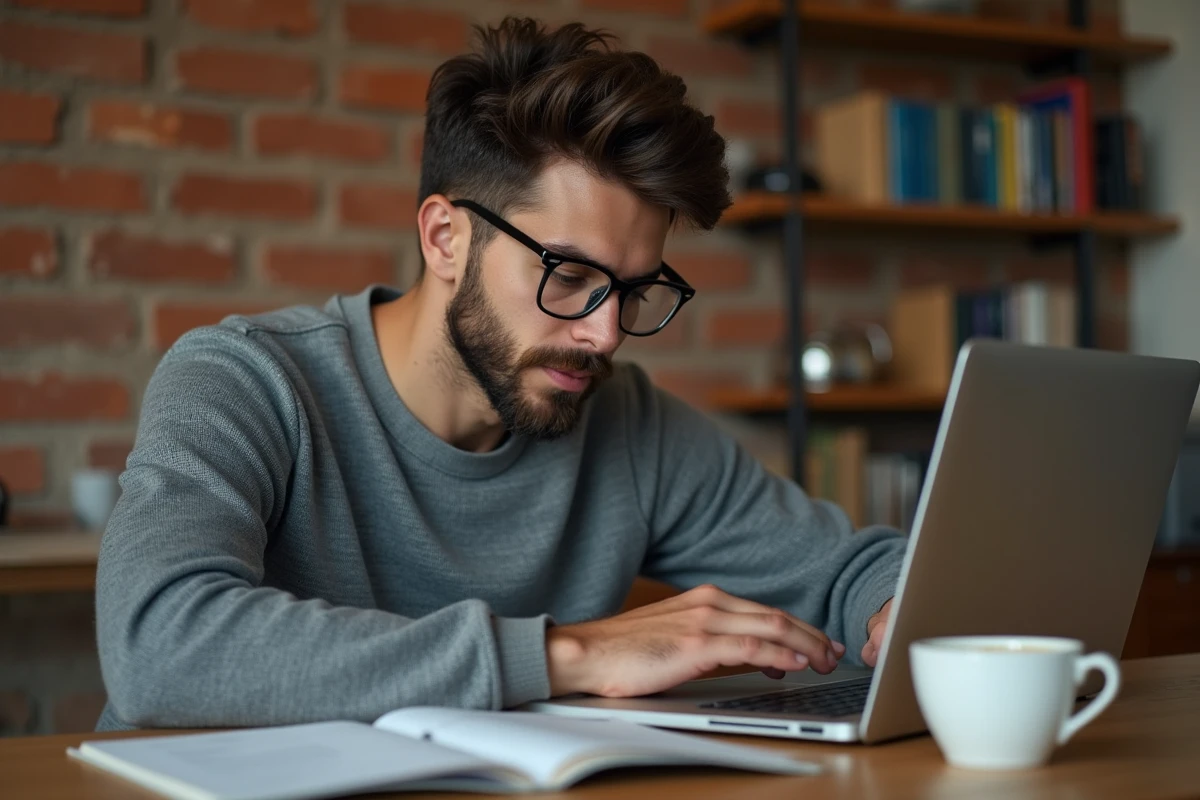 Jeune investisseur particulier consultant des codes mnémoniques boursiers EPA sur son ordinateur portable à domicile