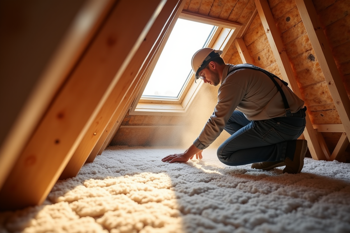 Ouvrier installant une isolation efficace dans un grenier lumineux