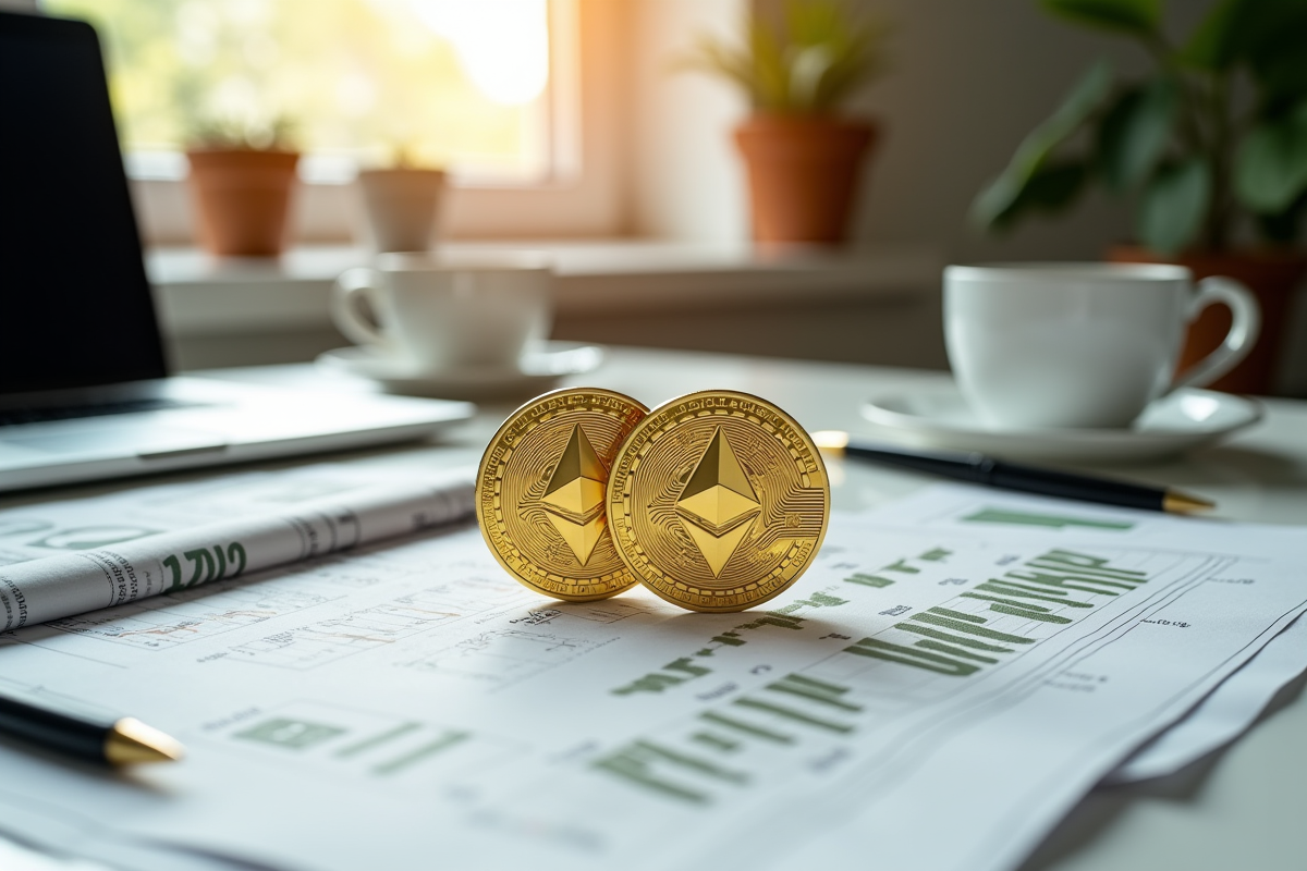 Pièce de Bitcoin et Ethereum sur un journal financier lumineux