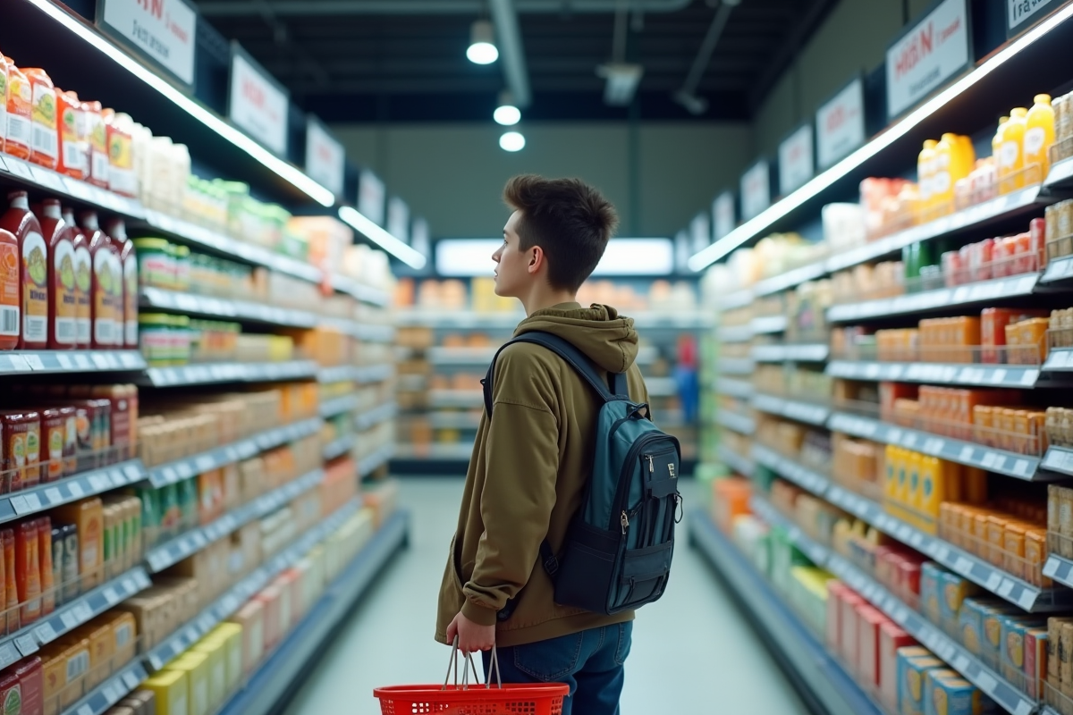 Jeune adulte regardant les prix dans un supermarche