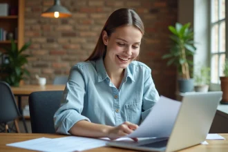 Jeune femme adulte consultant des documents financiers sur son bureau en bois dans un appartement moderne, illustrant l'épargne et la gestion de projet avec le Livret A Sup CIC