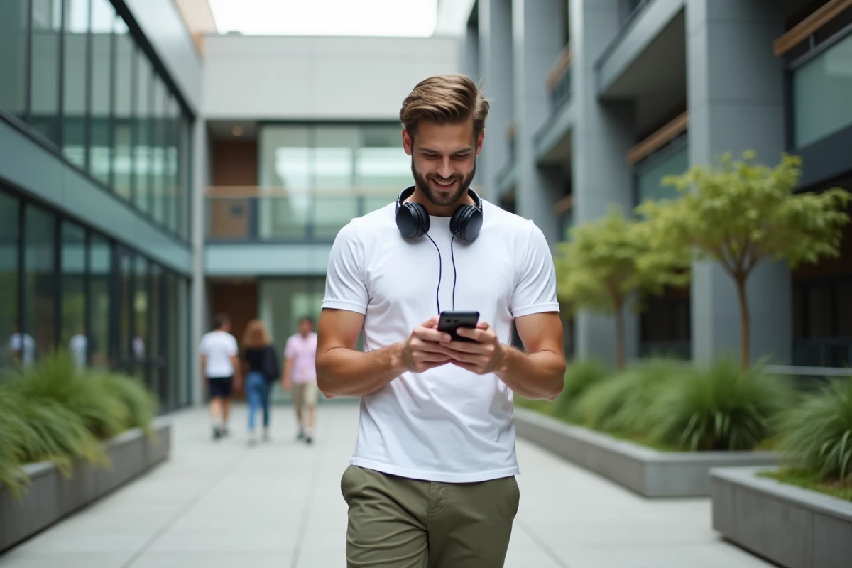 Jeune homme adulte souriant consultant son smartphone devant un campus universitaire urbain moderne, symbolisant les projets de vie et l'épargne jeune avec le Livret A Sup CIC
