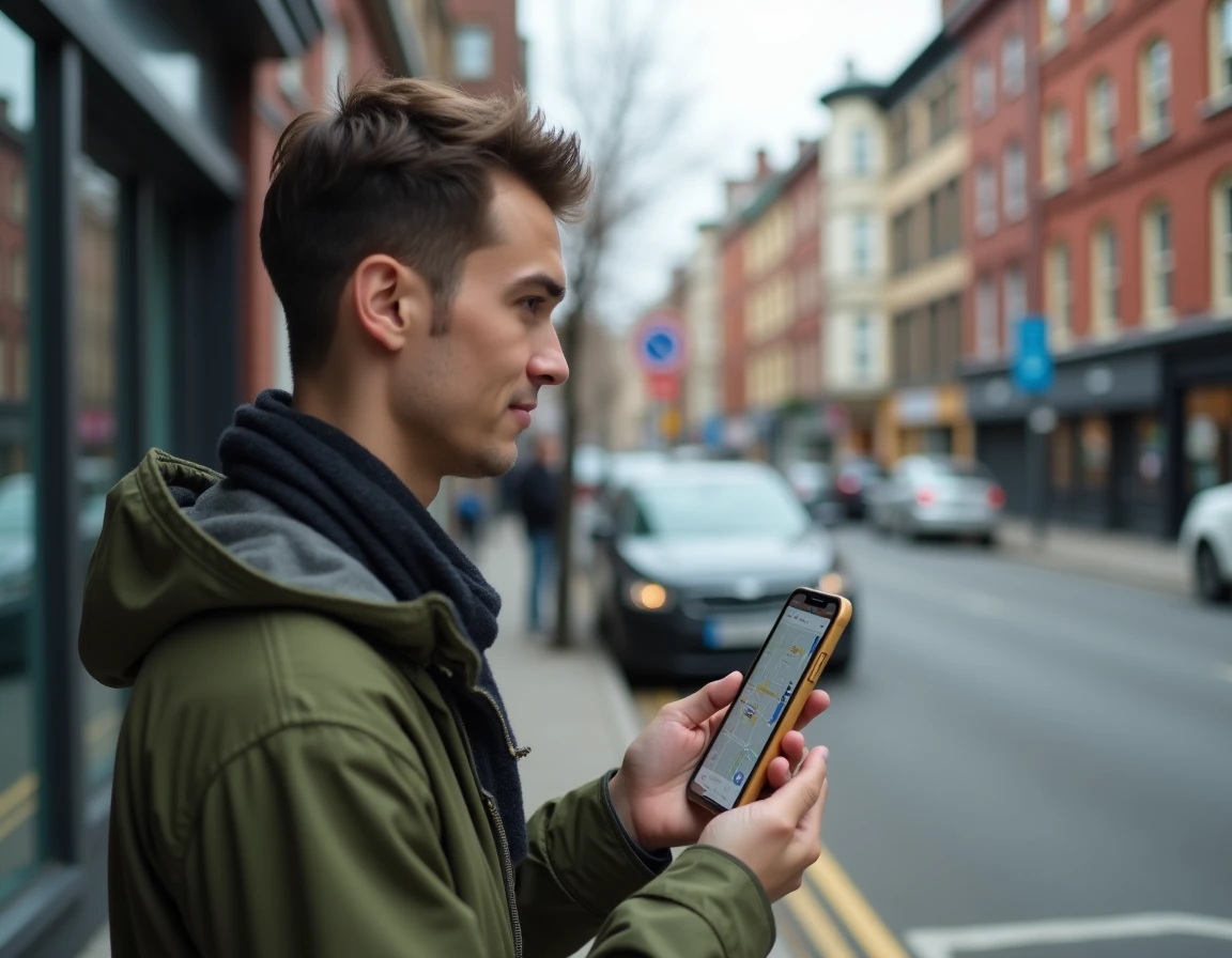Jeune adulte en rue consultant une application de carte sur smartphone pour localiser le distributeur de billets le plus proche