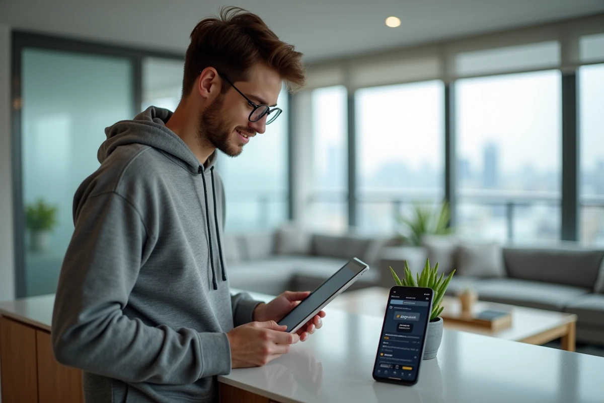 Jeune adulte utilisant simultanément une tablette Amazon et une application PayPal sur smartphone pour trouver une solution de paiement compatible en 2026