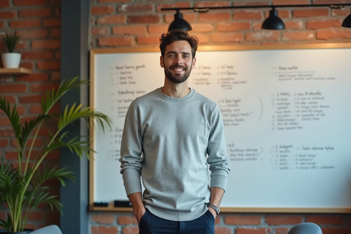 Jeune entrepreneur startup debout devant un tableau de stratégie equity dans un espace de coworking