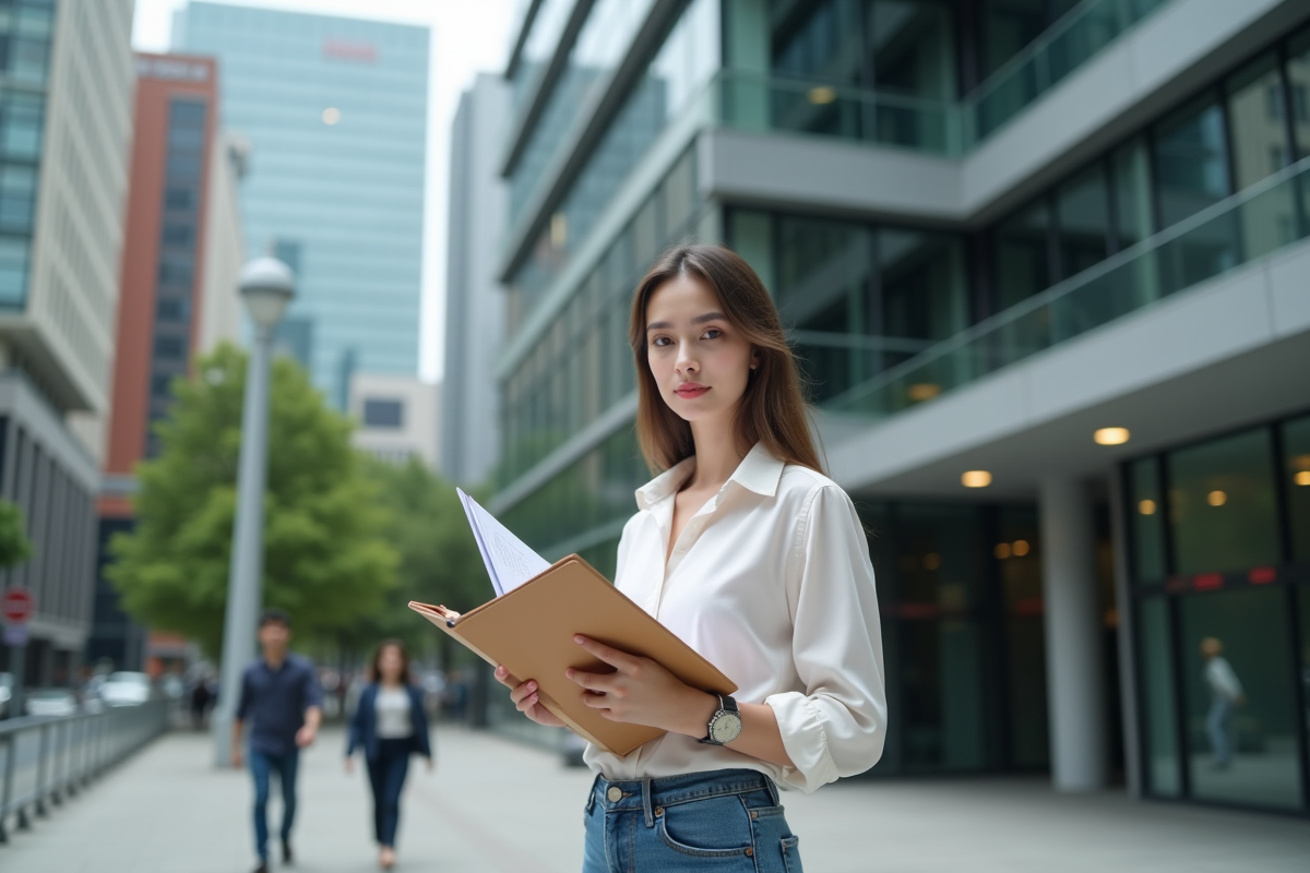 Jeune femme devant une banque tenant un dossier