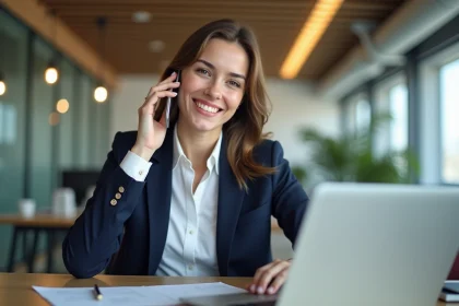 Jeune femme professionnelle en bureau moderne parlant au t&eacute;l&eacute;phone