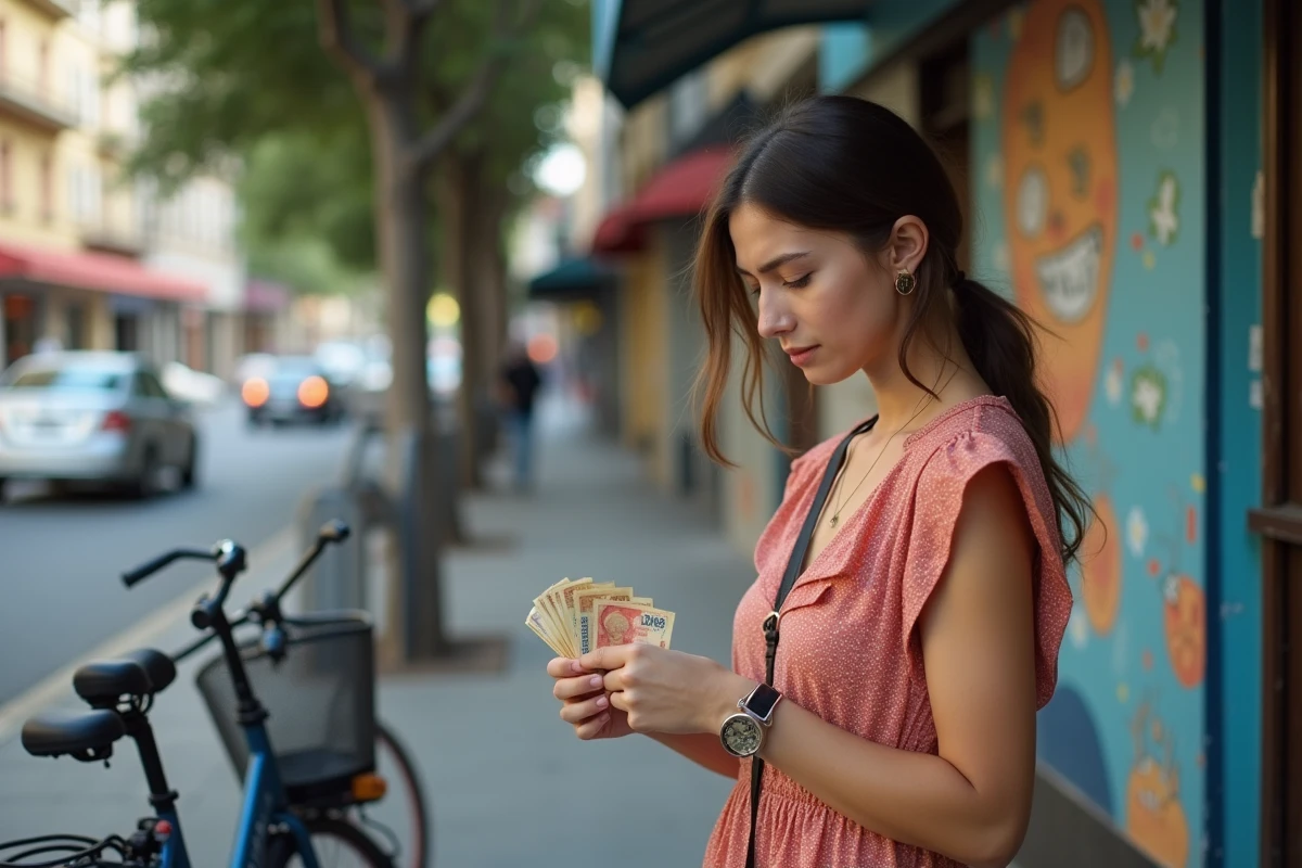 Jeune femme &eacute;changeant des pesos argentins en ville