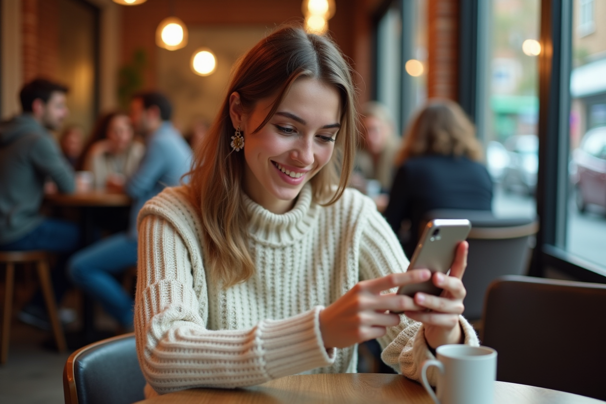 Jeune femme crypto détendue au café utilisant son smartphone