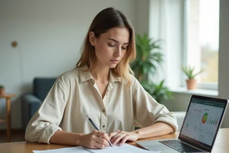 Jeune femme consultant ses documents d'épargne et son livret LEL pour préparer un premier achat immobilier