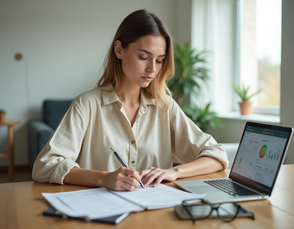 Jeune femme consultant ses documents d'épargne et son livret LEL pour préparer un premier achat immobilier