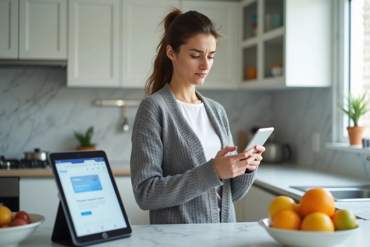 Jeune femme utilisant smartphone et tablette pour rechercher le service client PayPal depuis sa cuisine