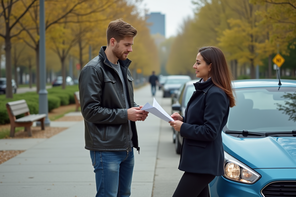 Jeune homme vérifiant un document avec une femme en ville