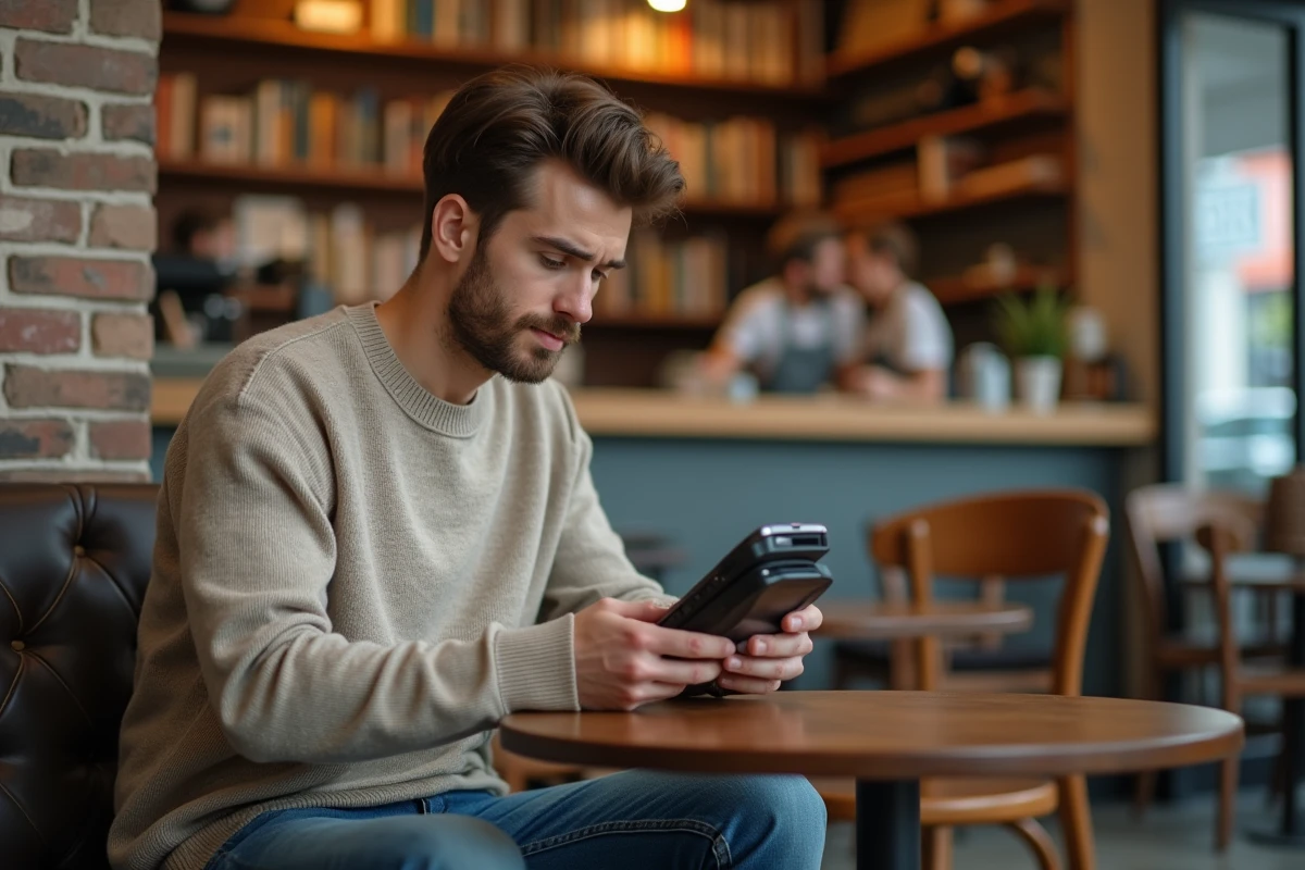 Jeune homme au café utilisant un terminal de paiement
