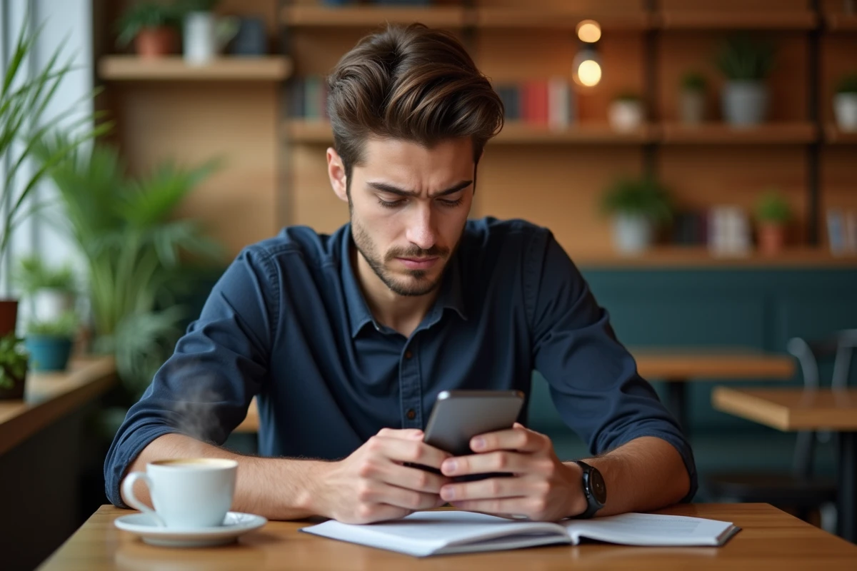 Jeune homme au café regardant son smartphone avec confusion