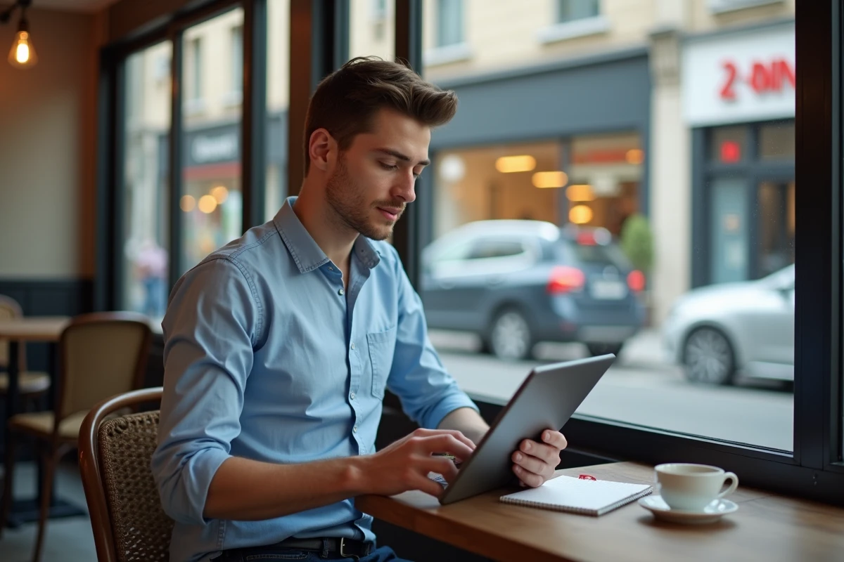 Jeune homme vérifiant son compte en ligne dans un café urbain