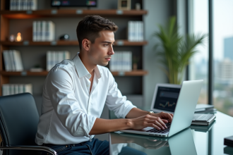 Jeune homme étudiant des graphiques de cryptomonnaie au bureau