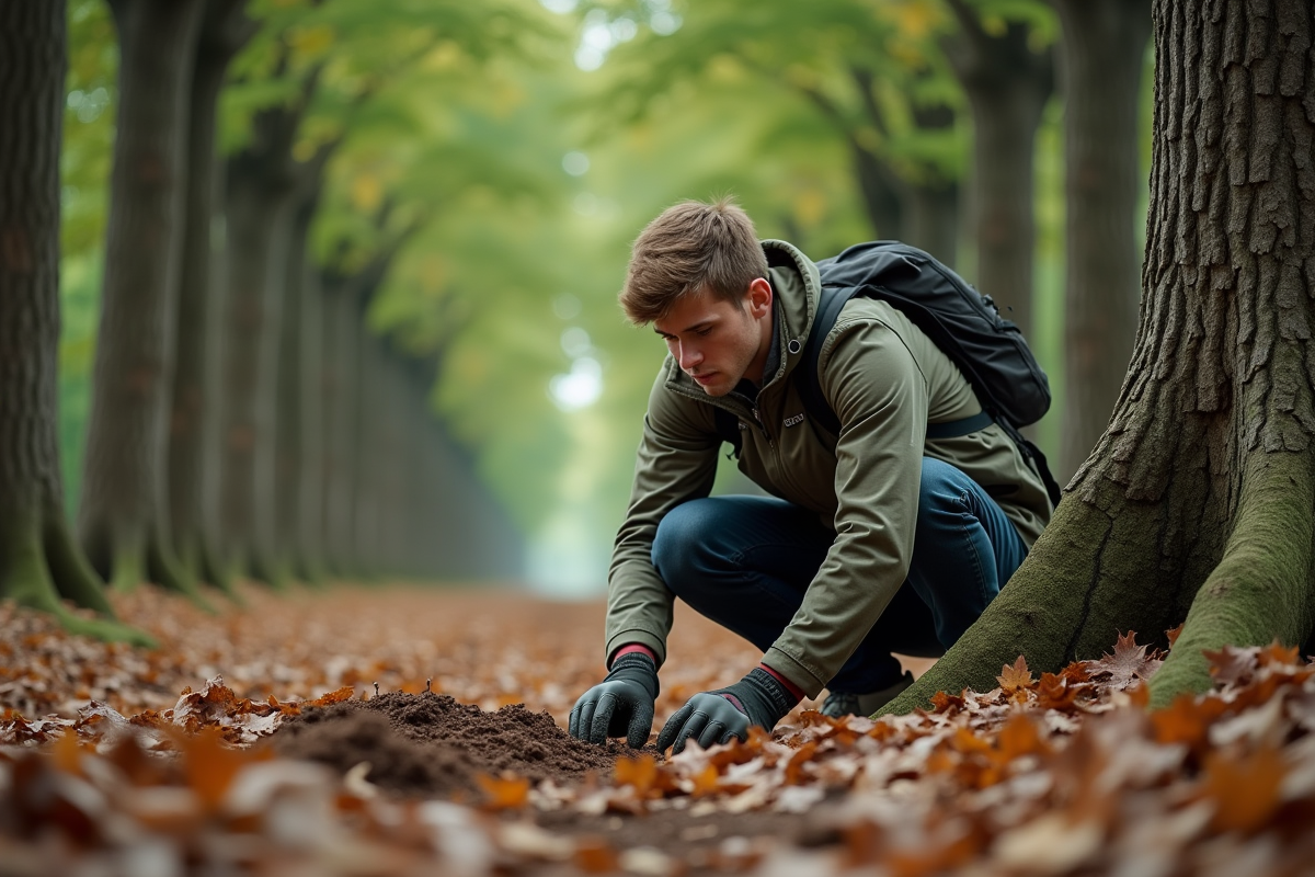 Jeune homme analysant le sol au pied d’un chêne