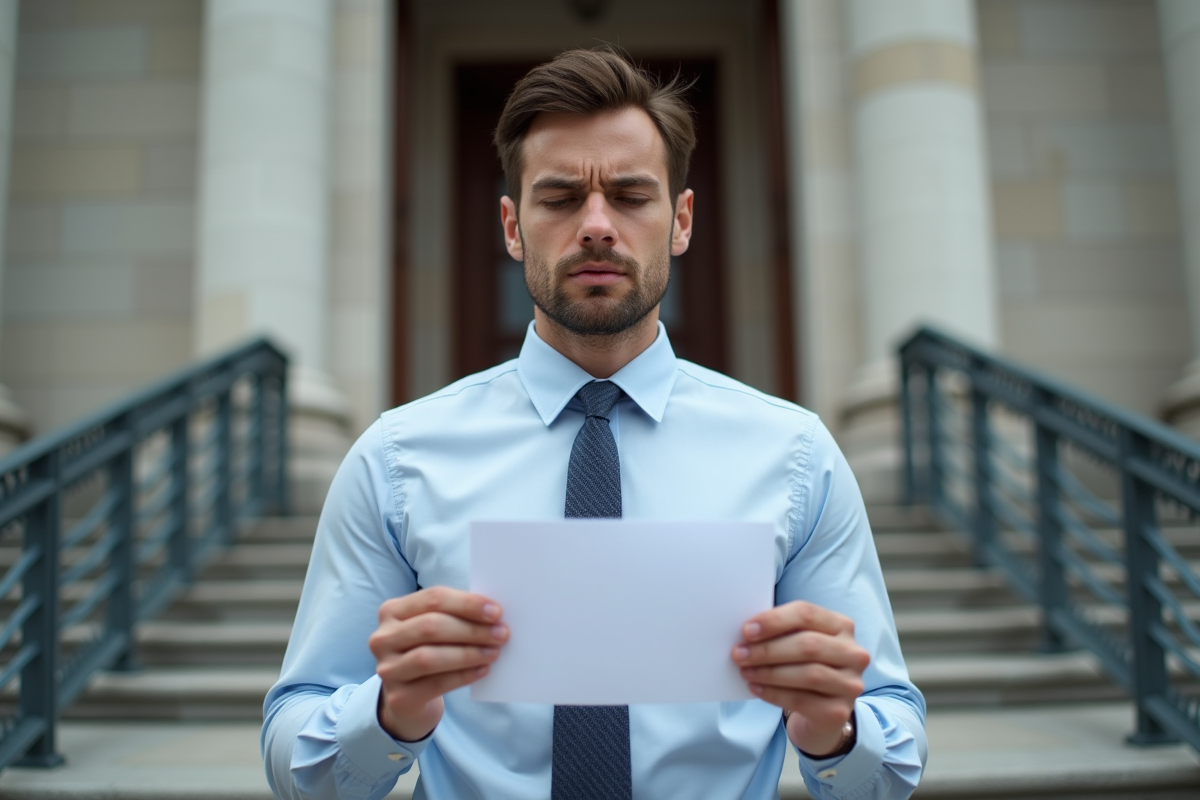 Jeune homme tenant une lettre de rejet devant un bâtiment officiel