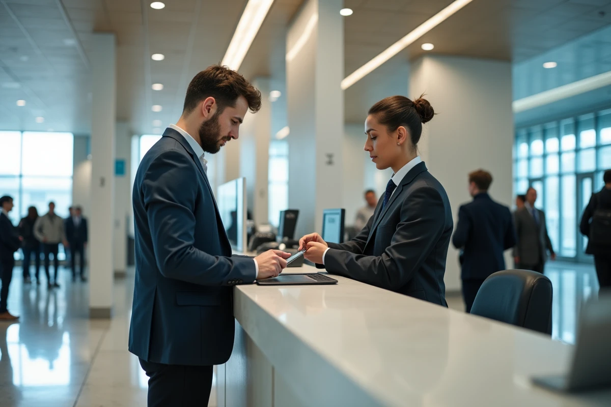Jeune homme en tenue casual consulte une tablette au guichet
