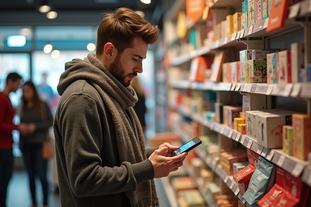 Jeune homme dans une boutique de cadeaux examine un rayon color&eacute;