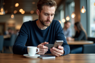 Jeune homme utilisant son smartphone et sa carte bancaire au café