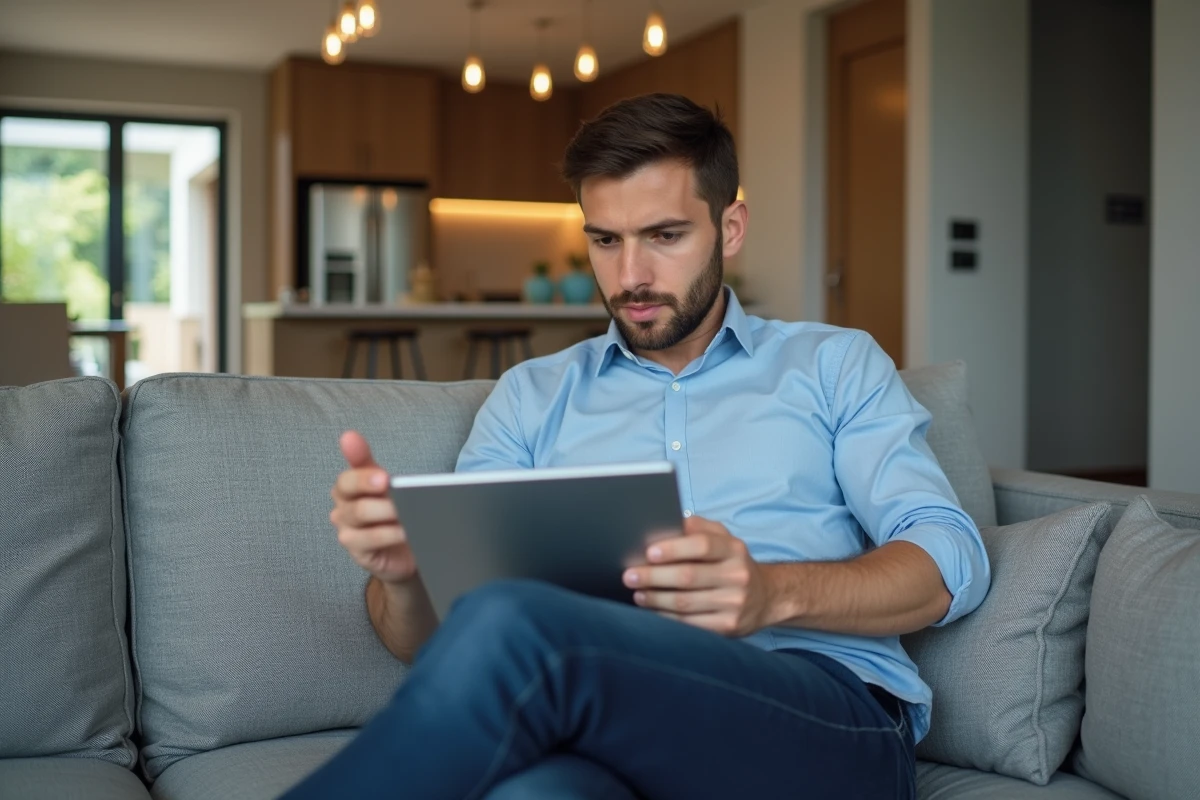 Jeune homme utilisant une tablette dans son salon