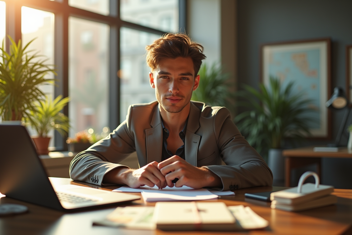 Influenceur jeune et stylé au bureau luxe avec argent et appareils