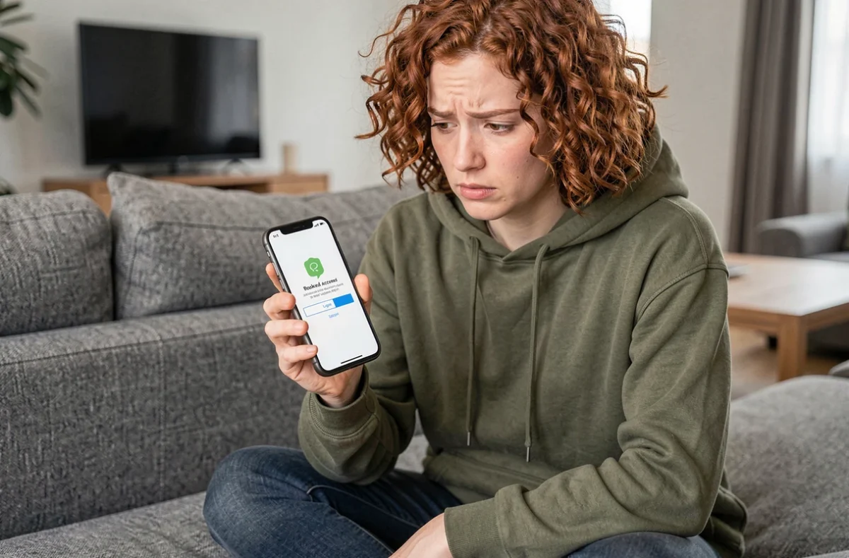 Jeune personne consultant son smartphone pour résoudre une connexion bloquée sur son espace client depuis un canapé