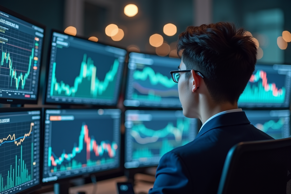 Jeune professionnel analysant des graphiques crypto en bureau moderne