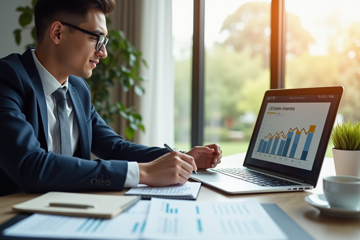 Jeune professionnel analysant des documents financiers au bureau