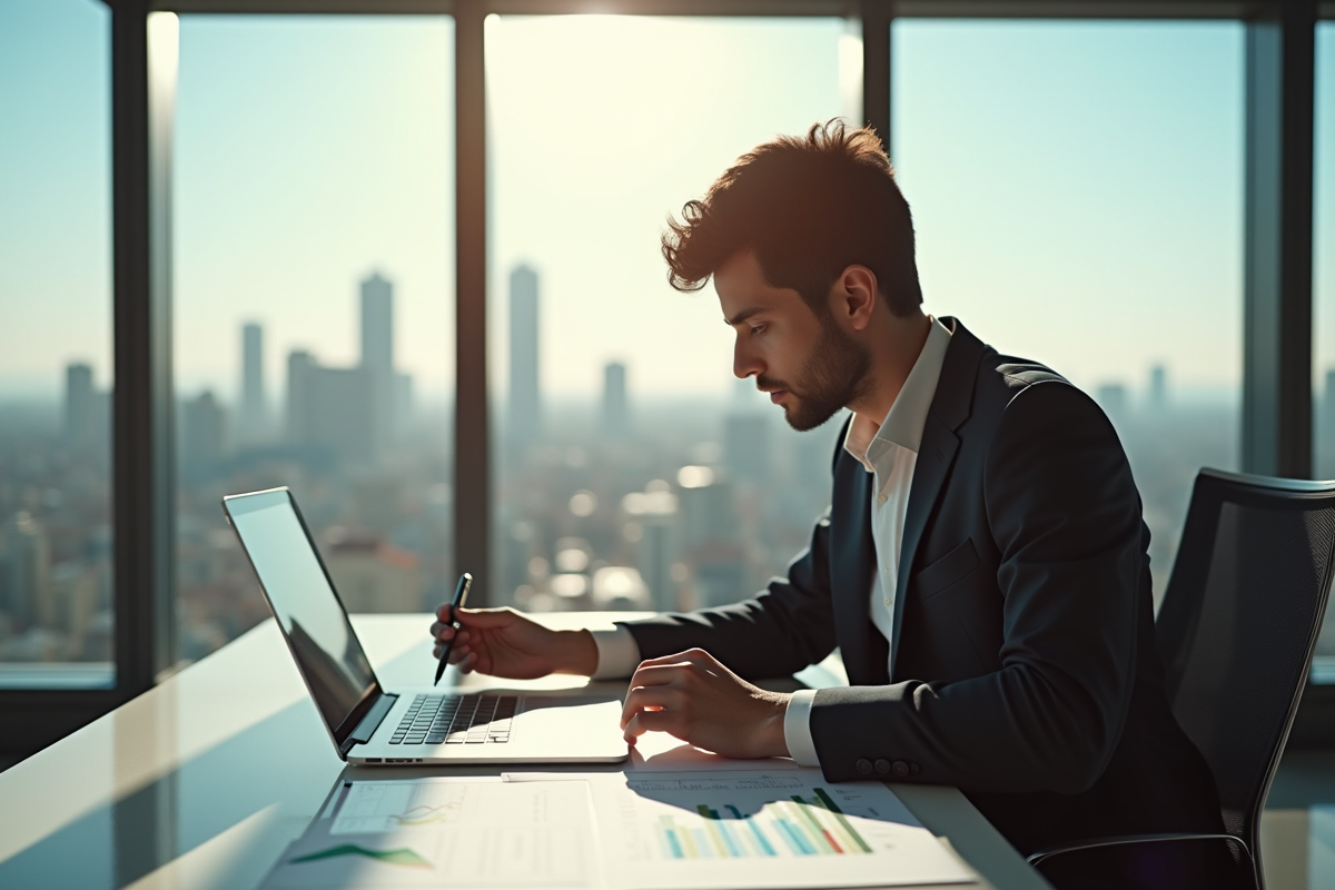 Jeune professionnel algérien analysant graphiques financiers au bureau