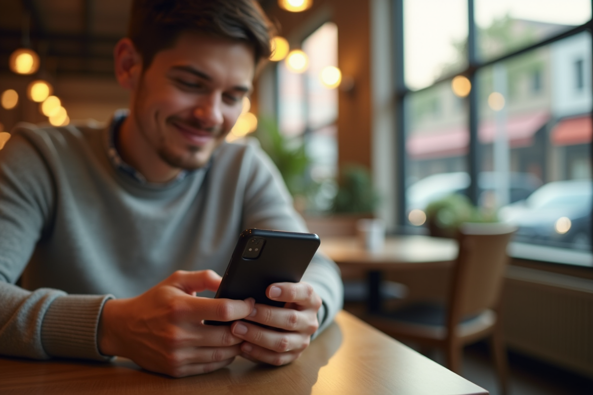 Jeune professionnel utilisant une application bancaire sur smartphone dans un café chaleureux