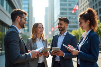 Groupe de jeunes adultes discutant en ville moderne