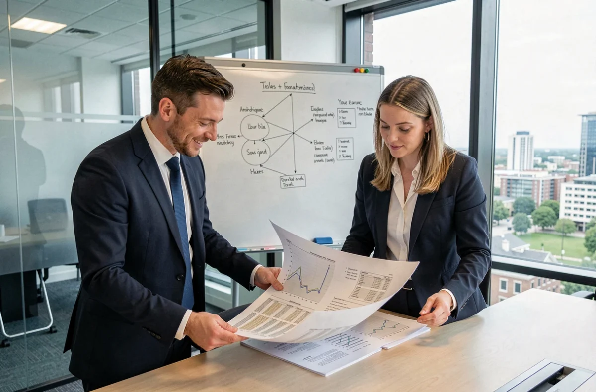 Deux auditeurs de KPMG Tours examinant des rapports financiers dans une salle de réunion corporative