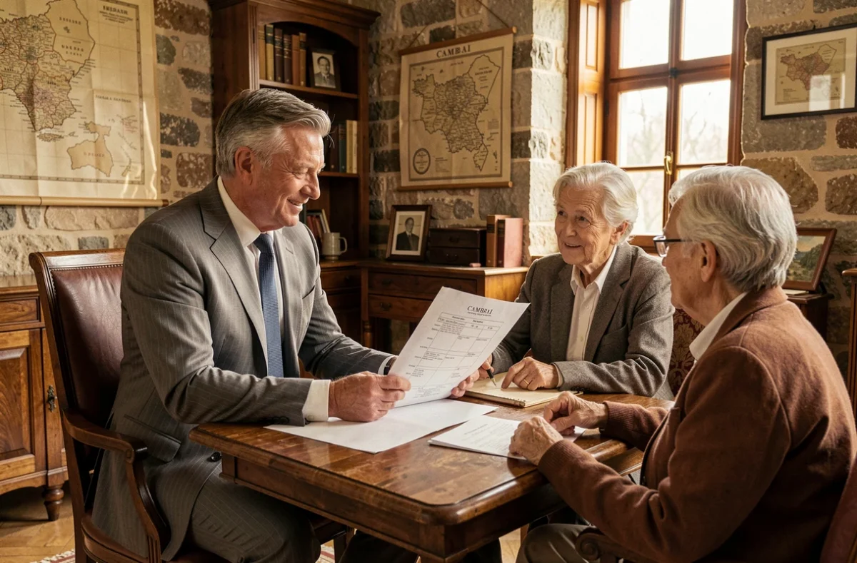Conseiller de Laplace Cambrai guidant un couple dans la planification de leur patrimoine dans un bureau au décor régional authentique