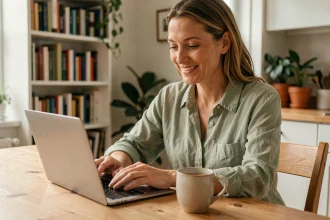 Femme lisant un blog sur son ordinateur portable dans une cuisine chaleureuse, illustrant un retour d'expérience de lectrice ayant changé de vie