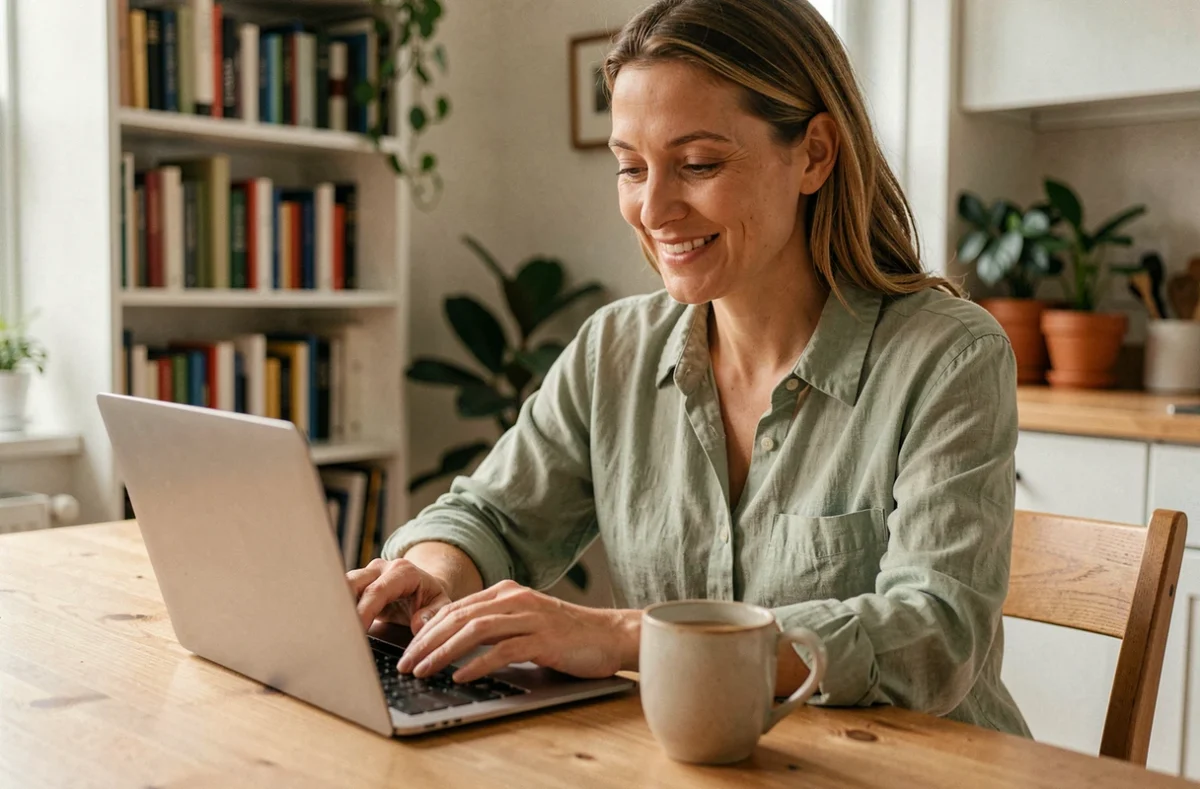 Femme lisant un blog sur son ordinateur portable dans une cuisine chaleureuse, illustrant un retour d'expérience de lectrice ayant changé de vie