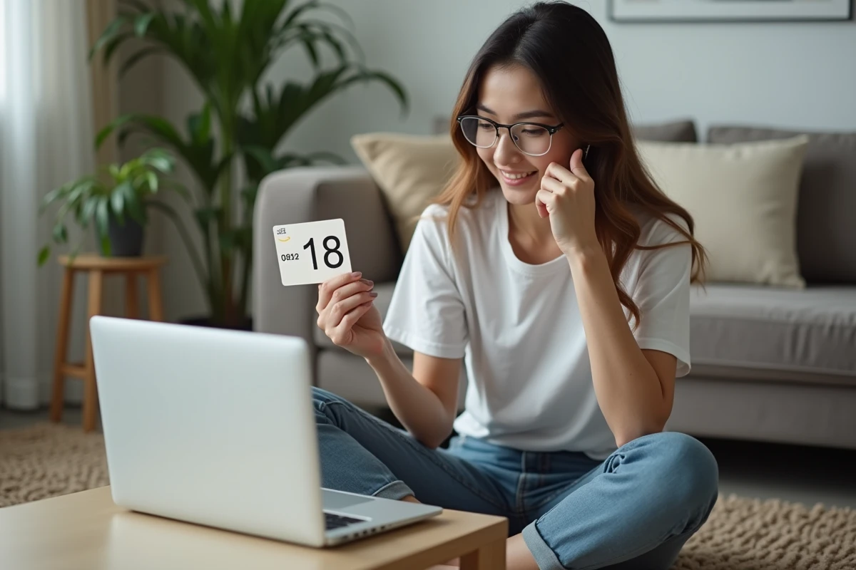 Jeune femme lisant attentivement le code inscrit au dos d'une carte-cadeau Bimpli avec un ordinateur affichant Amazon en arrière-plan