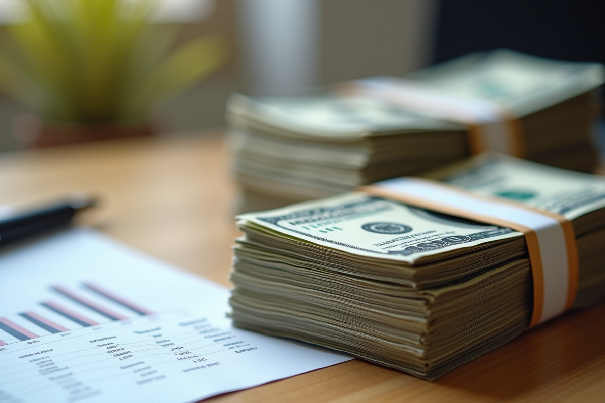 Liasses de cash et bilan financier sur un bureau en bois