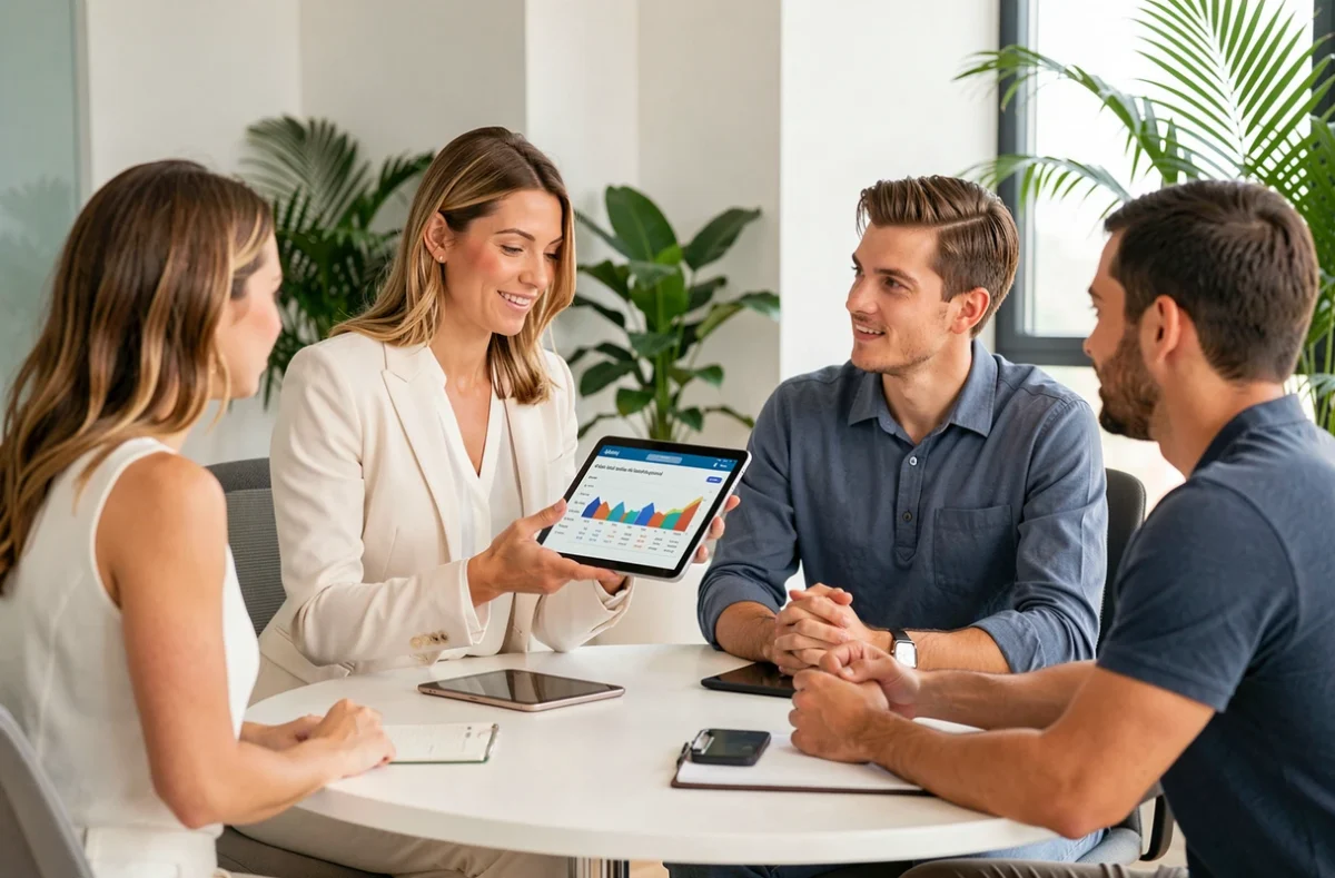 Conseillère de Maïdo Patrimoine présentant une stratégie patrimoniale à un couple dans un bureau moderne et accueillant