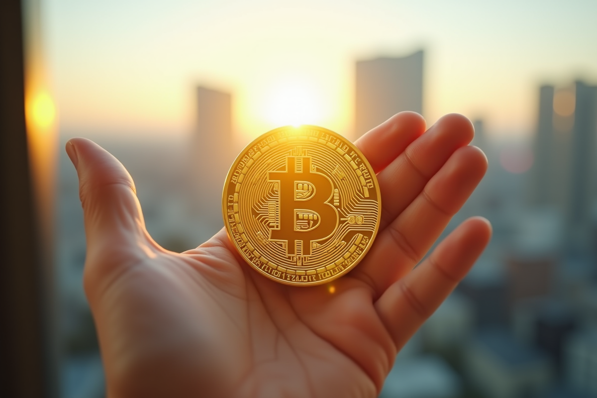 Main tenant une pièce de bitcoin dorée brillante devant une fenêtre lumineuse