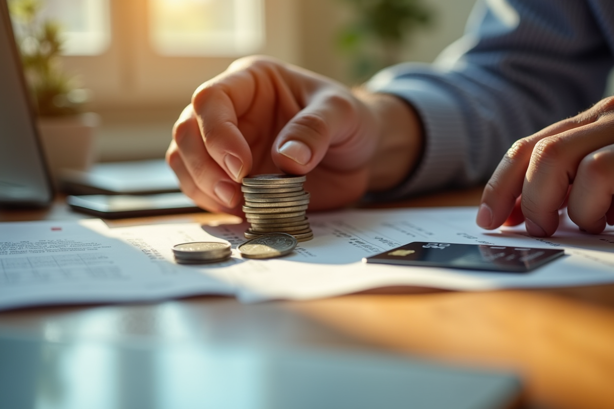 Main masculine empilant des pièces de monnaie sur un bureau