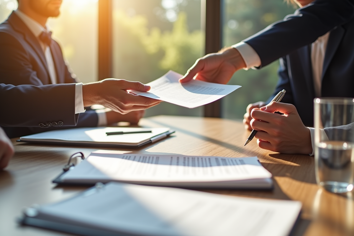 Main mature passant des documents à un jeune adulte sur une table en bois