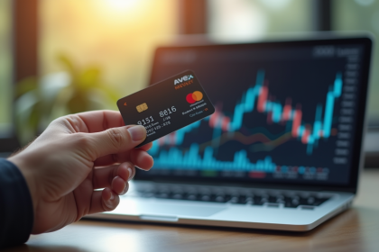 Main tenant une carte bancaire moderne au-dessus d'un ordinateur portable