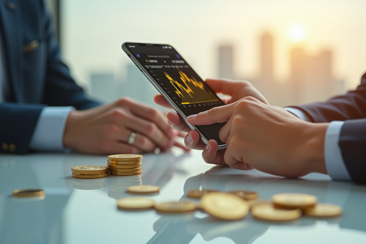 Main tenant un smartphone avec graphique or en fond urbain